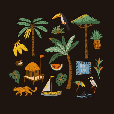 El çizimi ada elementleri beyaz arka planda izole edilmiş yaz tropikal vektör çizimi.