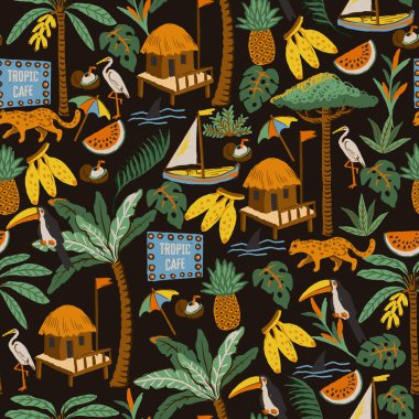 Koyu arkaplanda elle çizilmiş ada resimleriyle kusursuz tropikal vektör deseni..