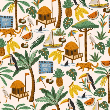 Koyu arkaplanda elle çizilmiş ada resimleriyle kusursuz tropikal vektör deseni..