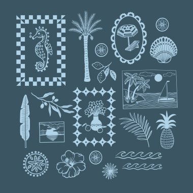 Zarif tek renkli pembe çizgili sanat tarzında tropik Akdeniz elementleri. Palmiye ağaçları, yelkenliler, gün batımı manzaraları, ananas, papaya, limon, ambar çiçekleri ile dekoratif kıyı çerçeveleri