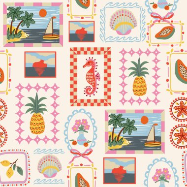 Çerçevelenmiş kıyı çizimleri, palmiye ağaçları, ananas, denizatı, deniz yıldızı, deniz kabukları, ambar çiçekleri ve yaz sahneleri içeren dekoratif tropikal desenler. Parlak Akdeniz rengi