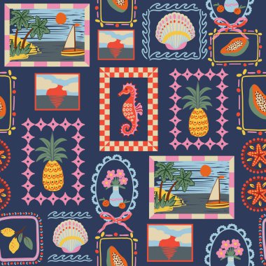 Çerçevelenmiş kıyı çizimleri, palmiye ağaçları, ananas, denizatı, deniz yıldızı, deniz kabukları, ambar çiçekleri ve yaz sahneleri içeren dekoratif tropikal desenler. Parlak Akdeniz rengi