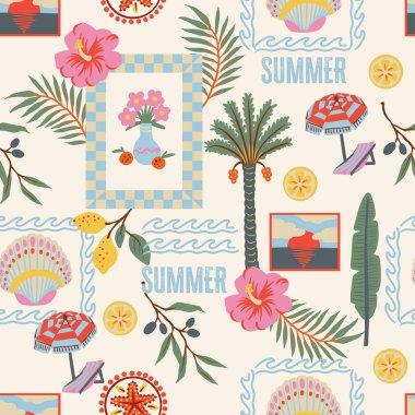 Çerçevelenmiş kıyı çizimleri, palmiye ağaçları, ananas, denizatı, deniz yıldızı, deniz kabukları, ambar çiçekleri ve yaz sahneleri içeren dekoratif tropikal desenler. Parlak Akdeniz rengi