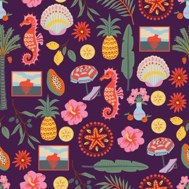 Çerçevelenmiş kıyı çizimleri, palmiye ağaçları, ananas, denizatı, deniz yıldızı, deniz kabukları, ambar çiçekleri ve yaz sahneleri içeren dekoratif tropikal desenler. Parlak Akdeniz rengi