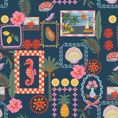 Çerçevelenmiş kıyı çizimleri, palmiye ağaçları, ananas, denizatı, deniz yıldızı, deniz kabukları, ambar çiçekleri ve yaz sahneleri içeren dekoratif tropikal desenler. Parlak Akdeniz rengi