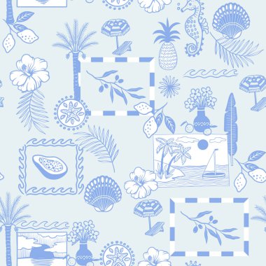 Zarif monokrom çizgisi sanat tarzında Akdeniz pürüzsüz deseni. Palmiye ağaçları, yelkenliler, günbatımı manzaraları, ananas, papaya, limon, ambar çiçekleri, deniz kabukları ve