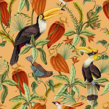 Egzotik orman bitkileri, kakao kapsülleri ve renkli tukanları olan tropik çiçek desenli kuşlar. Karanlık arka planda detaylı botanik çizimler zengin yağmur ormanları atmosferi yaratır