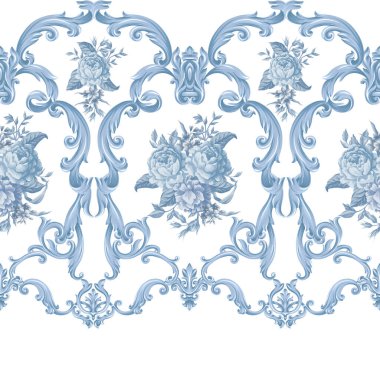 Antoinette Barok sınır desenli narin mavi güller ve parlak arkaplanda süslemeler. Avrupa 'nın kraliyet iç kısımlarından esinlenilmiş zarif bir çiçek kompozisyonu. Lüks için mükemmel.