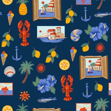 Limonlar, ıstakozlar, palmiye ağaçları, mavi fayanslar, ambar çiçekleri ve deniz manzaraları içeren Amalfi sahillerinden esinlenilmiş Akdeniz pürüzsüz deseni. Sahil manzaralı parlak yaz çizimleri