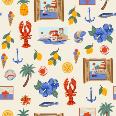 Limonlar, ıstakozlar, palmiye ağaçları, mavi fayanslar, ambar çiçekleri ve deniz manzaraları içeren Amalfi sahillerinden esinlenilmiş Akdeniz pürüzsüz deseni. Sahil manzaralı parlak yaz çizimleri