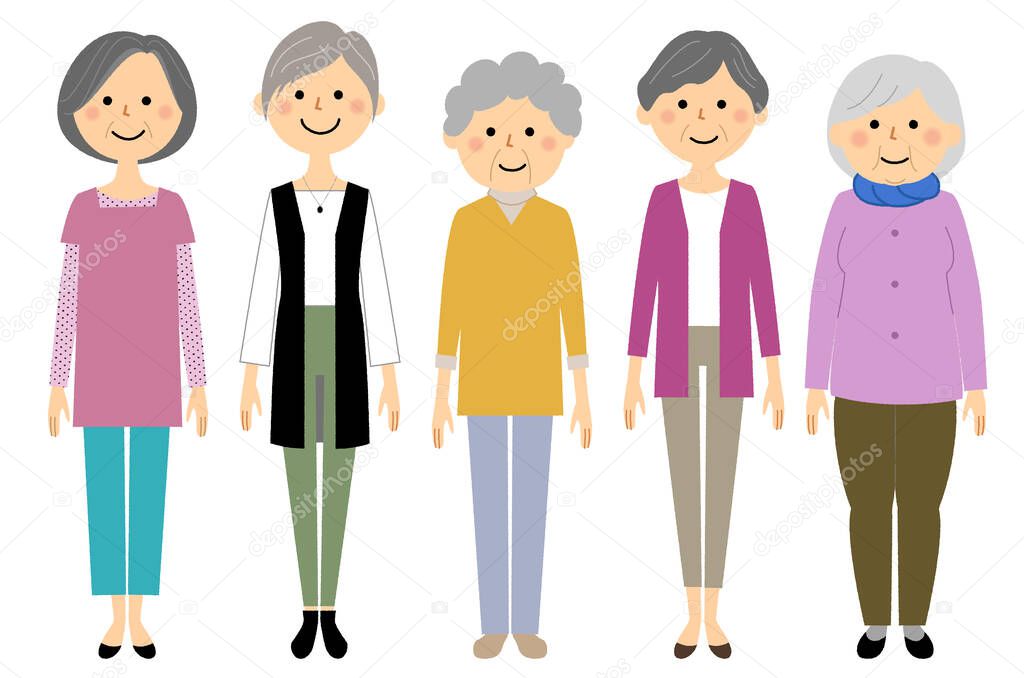 Grandmas lined up side by side/It is an illustration of grandmas lined up side by side.