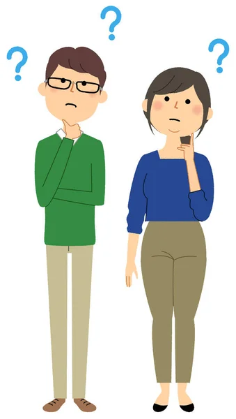 若い男性と女性が不思議に思う カップル イラスト — ストックベクタ