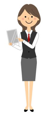 Üniformalı bir kadın elinde tablet tutuyor. Üniformalı bir kadının tablet tutarken çekilmiş bir resmi..