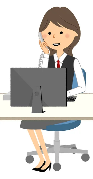 一个穿着制服的女人在看电脑时打电话来 这是一个穿着制服的女人在看电脑时打电话来的例子 — 图库矢量图片
