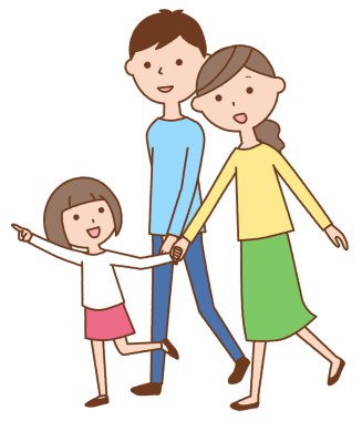 Yürüyüşe çıkmak için iyi bir aile. Yürüyüşe çıkan üç kişilik bir ailenin resmi..