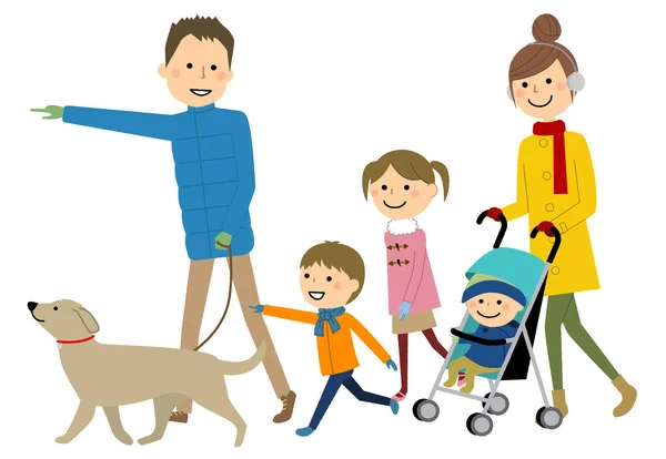 Семья Выгуливает Собаку Иллюстрация Семьи Выгуливающей Собаку — стоковый вектор