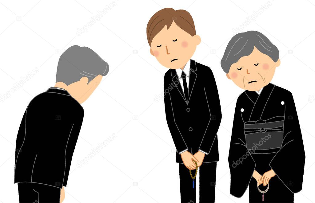 Bereaved family and attendees, bowing/This is an illustration of a bereaved family and attendees bowing.