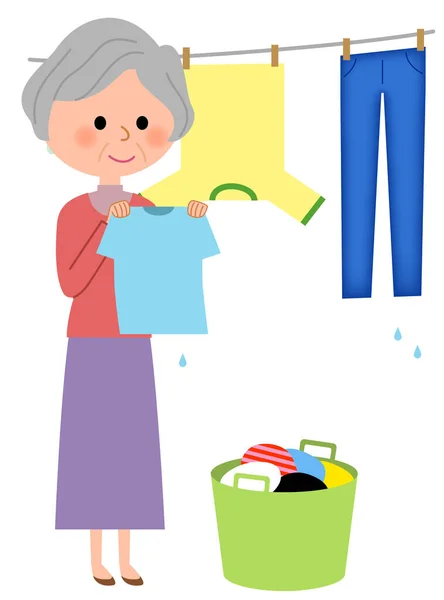 Donna Anziana Appendere Lavanderia Tratta Esempio Una Donna Anziana Che — Vettoriale Stock
