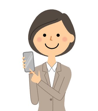 Akıllı telefonlu takım elbiseli bir kadın. Elinde akıllı telefon tutan takım elbiseli bir kadının resmi..