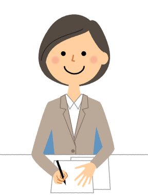 - Takım elbiseli kadın evrak doldurmak için. - Takım elbiseli bir kadının belge doldurma resmidir..