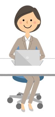 Takım elbiseli bir kadın bilgisayar kullanıyor. Bilgisayar kullanan takım elbiseli bir kadının resmi..