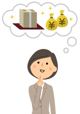 Çok para hayal eden takım elbiseli bir kadın. Çok para hayal eden takım elbiseli bir kadının resmi..