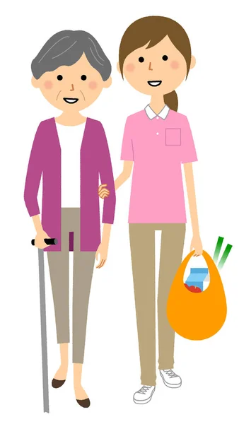 Assistance Going Out Accompanying Shopping Illustration Long Term Care Staff — Vettoriale Stock