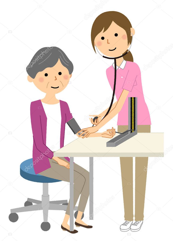 Health check, blood pressure measurement/It is an illustration of a health check that an elderly woman is measuring blood pressure.