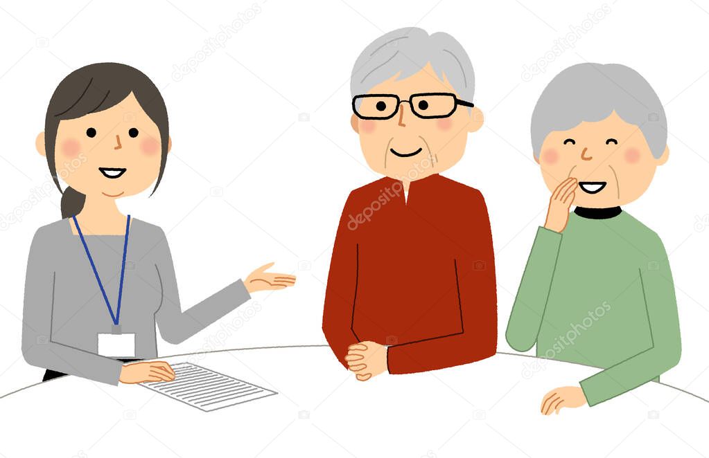 Women for consultation, meetings/It is an illustration of a woman who consults with an elderly couple.