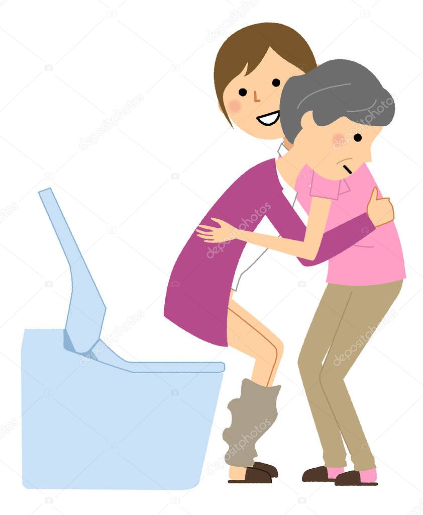 Elderly women receiving excretion assistance/It is an illustration of an elderly woman who receives excretion assistance from a care staff.