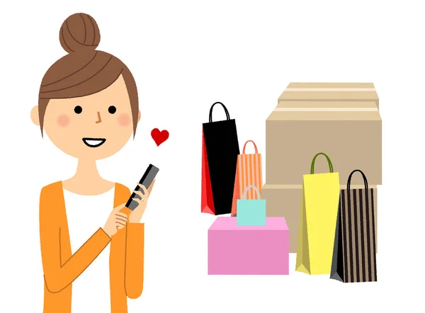 Młoda Kobieta Uzależnieniem Zakupów Jest Ilustracja Młodej Kobiety Uzależnieniem Zakupów — Wektor stockowy