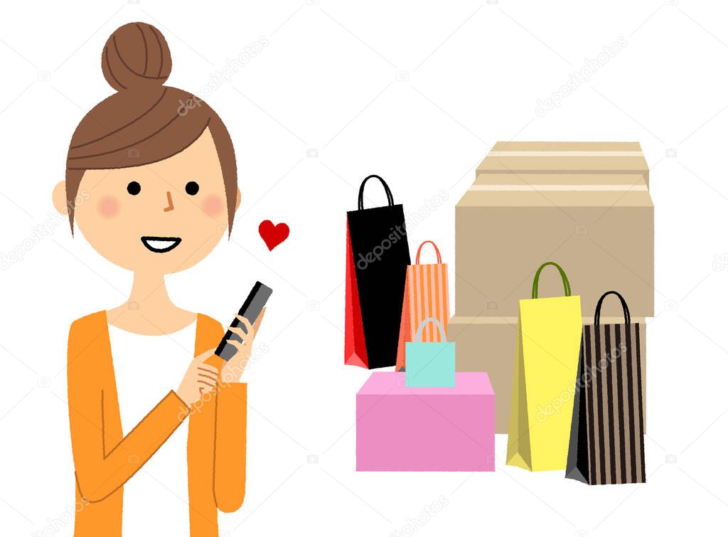 Young woman with shopping addiction/It is an illustration of a young woman with a shopping addiction.