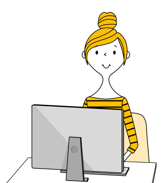 Молодая женщина, мама, PC / Иллюстрация молодой женщины за компьютером.