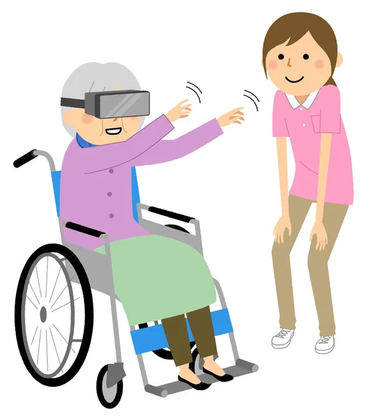 老年妇女享受虚拟现实 这是一个老年妇女享受虚拟现实的例证 — 图库矢量图片