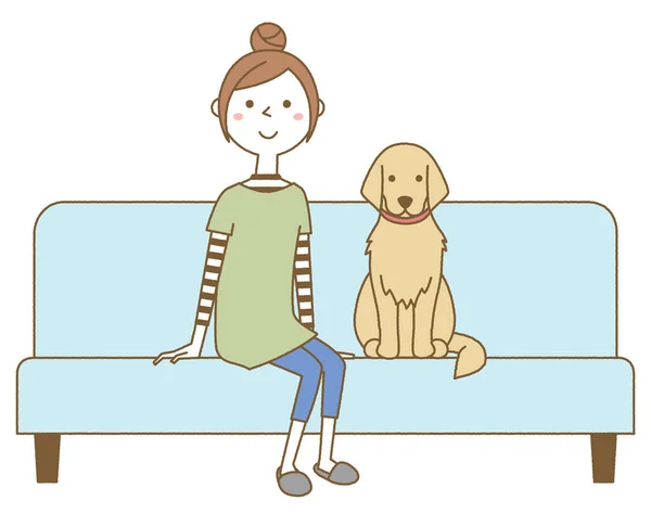 坐在沙发上的年轻女人和狗 一个年轻女人和一只狗坐在沙发上的例子 — 图库矢量图片