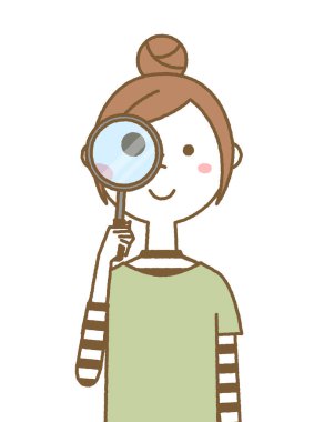 Büyüteçle bakan genç bir kadın. Büyüteçle bakan genç bir kadının resmi..