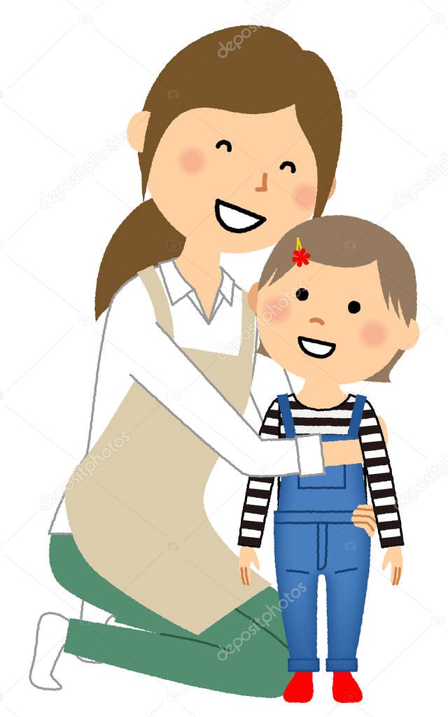 Women and toddlers in aprons/It is an illustration of a woman and a toddler in an apron.