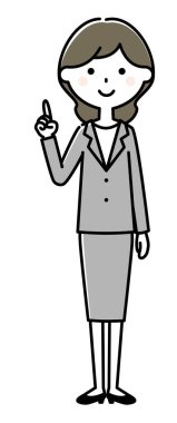 Takım elbiseli bir kadının parmağını gösteren bir çizimi..