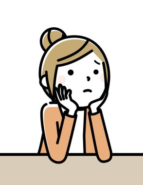 Dirseklerine yaslanıp düşünen genç bir kadının çizimi..