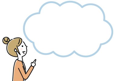 Genç bir kadının parmağını gösteren konuşma balonu çizimi..