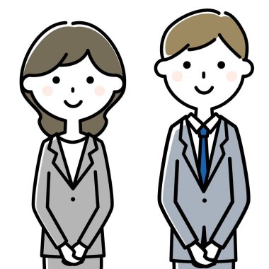 Bu, takım elbiseli bir kadın ve erkeğin ellerini önlerinde çırpışlarının bir resmi..