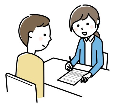 Bu, bir kadının bir belgeye bakarken kendisini dinleyen bir adamın bir şeyleri açıklayan bir resmi..