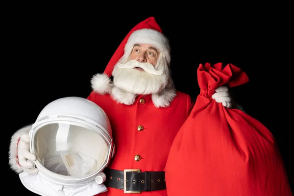Astronaut Santa Claus Vrátil Dary Detailní Záběr Černé Pozadí Stock Obrázky