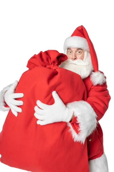 Santa Claus Holds His Hands Huge Bag Gifts Isolated White — Stock Photo, Image