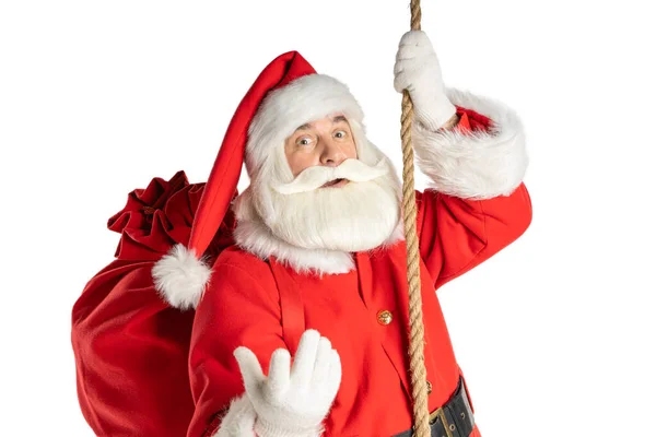 Papai Noel Balançando Uma Corda Presente Para Montagem Mão Isolado — Fotografia de Stock