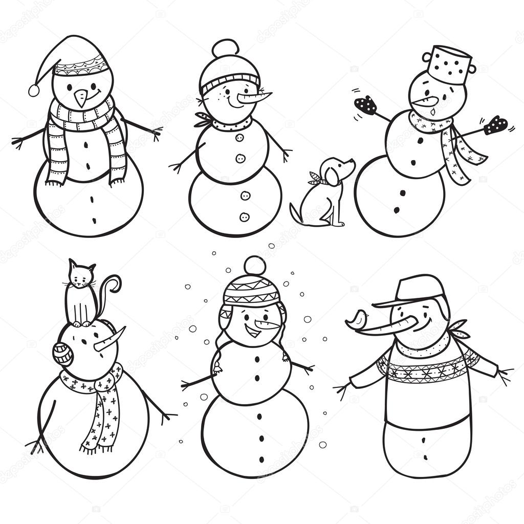 Set of  6 hand drawn snowman
