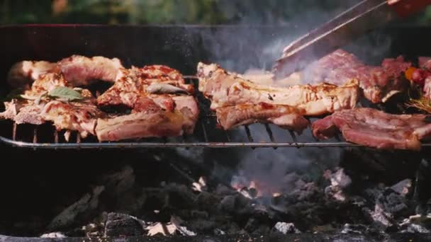 Barbecue sur le gril chaud. Composition savoureuse. Fête extérieure. — Video