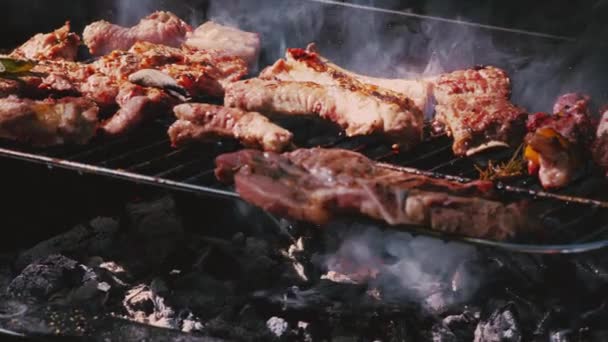 Поджарь мясо на гриле. Отдых и обед в саду. Дым от угля. Pieces of meat and lard close-up. Flips to the other side. — стоковое видео