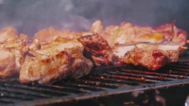 Et parçaları ve domuz yağı yakın plan. Izgarada ızgara yemek. Lezzetli kompozisyon. Açık hava partisi. Kömürlerden duman çıkıyor..