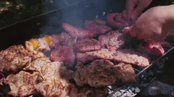 Steak de viande juteux avec des épices et des herbes dans les charbons ardents d'un feu sur un barbecue. Légumes sur le gril. Caméra de mouvement barbecue Grill — Video